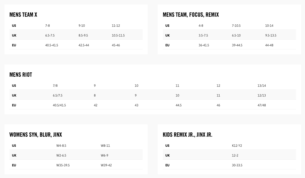 Hyperlite Wakeboard Boot Size (image) 0 Størrelsesskema